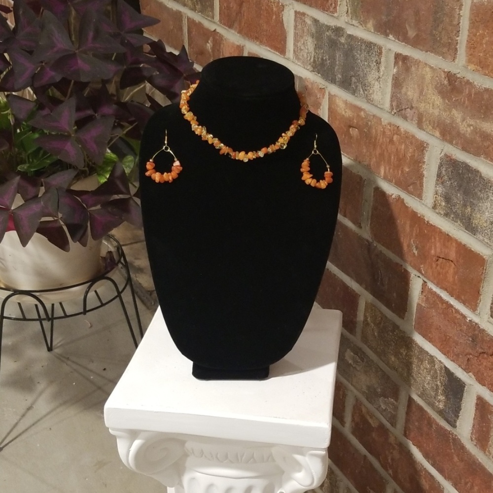 Natural Crystal Chip Beaded Necklace w/Earrings
